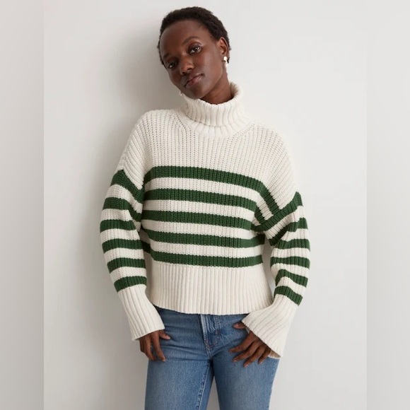 Madewell Sweaters - Madewell Marled Wide Rib Mockneck Sweater Knit Striped Green Cream Sz Large